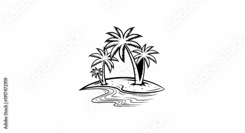 A stylized black and white sketch of a tropical island with palm trees and water