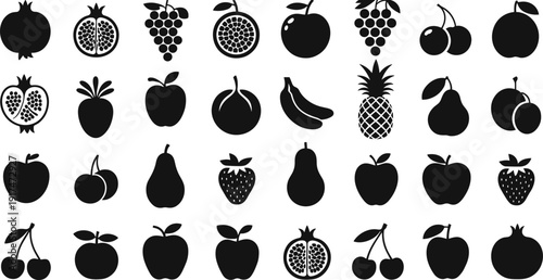 Fruit silhouette icons collection, tropical and orchard produce illustration, healthy food graphic set, botanical motif design, nutrition concept art, decorative symbol