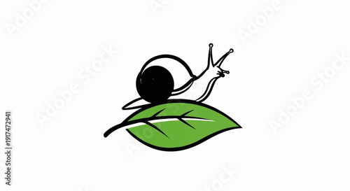 A stylized black and white snail crawls on a bright green leaf
