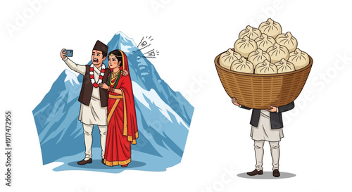 Traditional Nepali couple taking a selfie with a majestic mountain backdrop and a vendor holding a basket of steamed Nepali momos, showcasing Nepali culture and cuisine