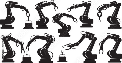 Industrial robotic arms in various positions and actions depicted