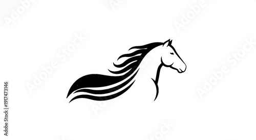 A stylized black horse with flowing mane and tail against white