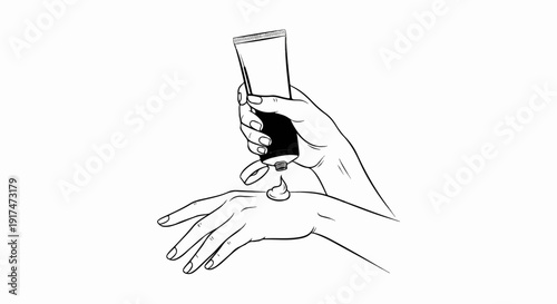Applying cream from a tube onto a palm, sketched line art