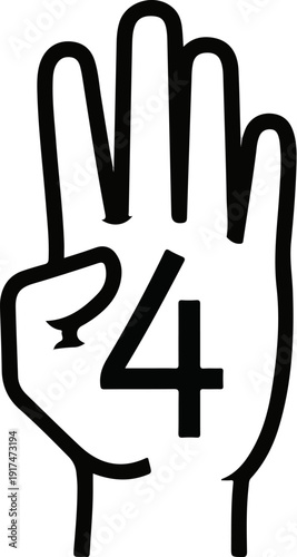 A stylized black outline of an open hand displays the numeral four