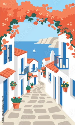 A charming illustration depicts a picturesque coastal town with white buildings and vibrant bougainvillea high-quality