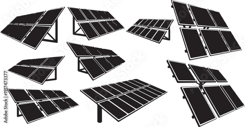 Solar panels in various angles and positions illustration set
