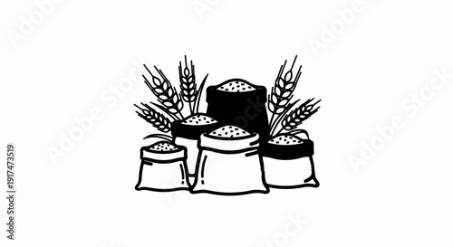 Bags of grain with wheat stalks