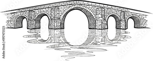 Arch stone bridge with reflections in water, line art