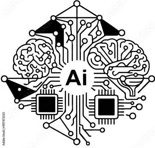 Abstract representation of Artificial Intelligence with circuits, brains, and processors
