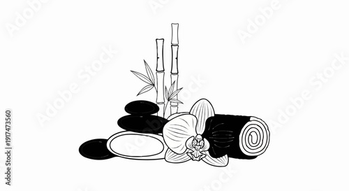 Bamboo, stones, rolled mat, and orchid represent spa relaxation