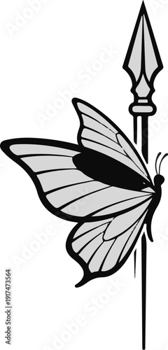 A stylized butterfly with intricate wing patterns rests on a spearhead