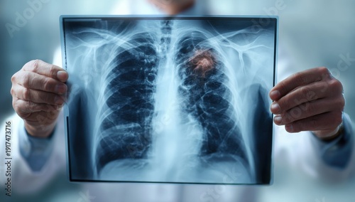 Doctor holding up a chest x ray image showing lungs and ribcage