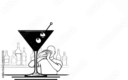 Bartender mixing drink next to large martini glass and bottles