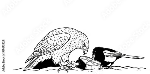 Bird of prey and magpie sharing food