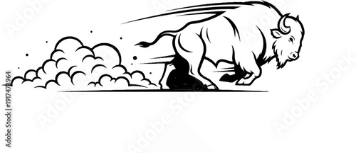 Bison running with dust clouds and speed lines