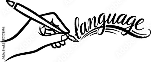 Artistic hand writing the word language with a fountain pen