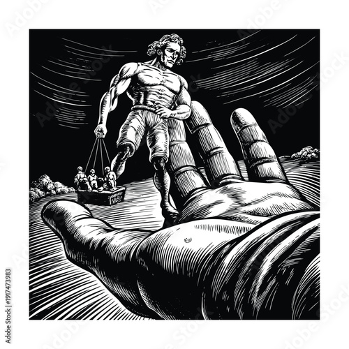Giant hand gripping gulliver dramatic fantasy antique engraving vector illustration.