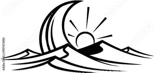 Abstract depiction of a sun rising over sand dunes with a crescent moon-like shape above