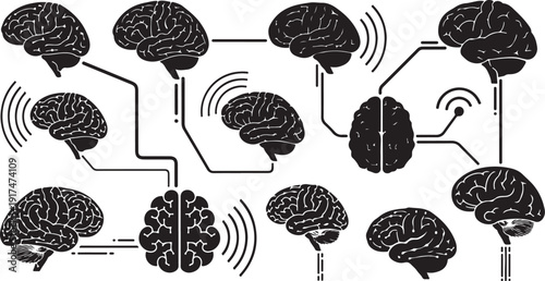 Illustration of human brains connected with lines and signals