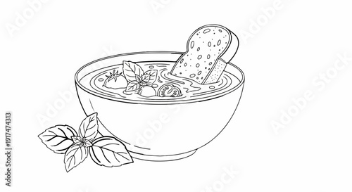 Black and white drawing of a bowl filled with tomato soup, basil, and bread
