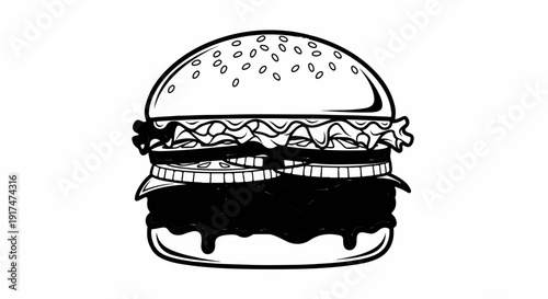 Black and white drawing of a loaded burger with sesame seeds on top bun