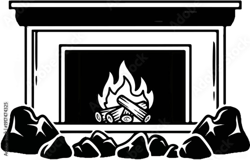 Black and white drawing of a fireplace with burning logs and rocks