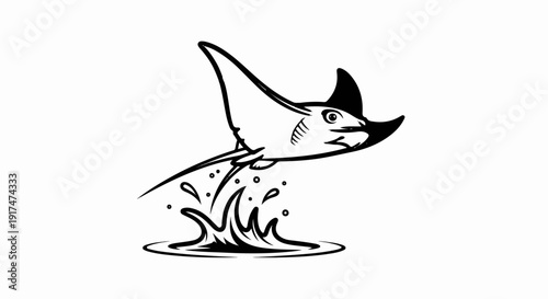 Black and white drawing of a manta ray leaping from splashing water