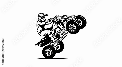 Black and white drawing of a person on a four-wheeled vehicle doing a wheelie