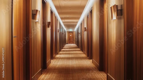 Luxury empty hotel hallway stretching into the distance with uniform wooden doors and soft lighting, creating a warm, inviting, and symmetrical indoor environment