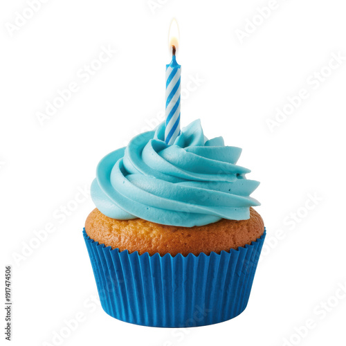 Blue cupcake with lit birthday candle on frosting isolated on a transparent background