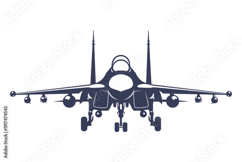 Front-facing silhouette modern aircraft SU 27. Black and white jet vector illustration in minimalist monochrome style. Russia modern combat aircraft.