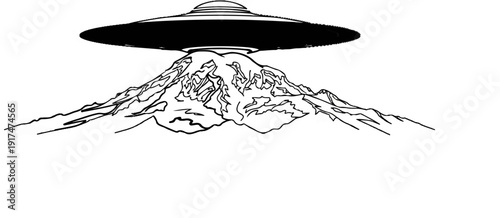 Black and white drawing of a UFO hovering over a mountain