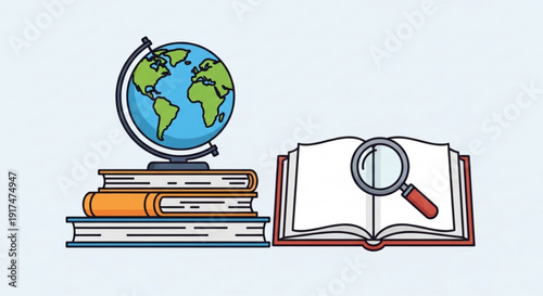 Education icons with globe books and magnifying glass on a clean background for learning concepts