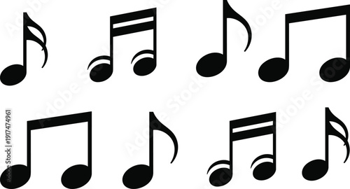 Music notes vector icon set with black musical symbols and melody design elements