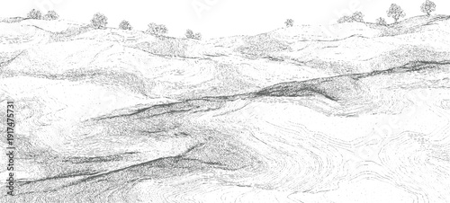 Detailed black and white line of rolling hills and trees with a textured landscape