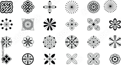 Geometric pattern illustration set, symmetrical design artwork, mandala vector collection, floral motif graphic pack, abstract symbol arrangement, black and white sketch
