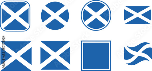 Set of scottish flag icons and symbols in various shapes