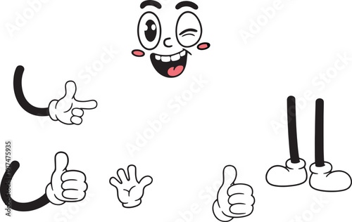 Retro cartoon character kit: Vintage 1930s style face, gloved hands, and legs isolated on white