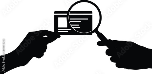A black silhouette of a hand holding an ID card with a magnifying glass examining it, representing identity verification