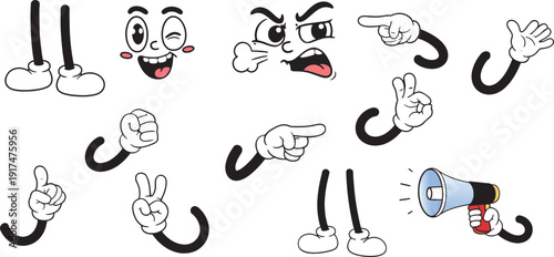 Retro cartoon mascot kit: Vintage 1930s style faces, diverse gloved hands with megaphone, and legs isolated on white