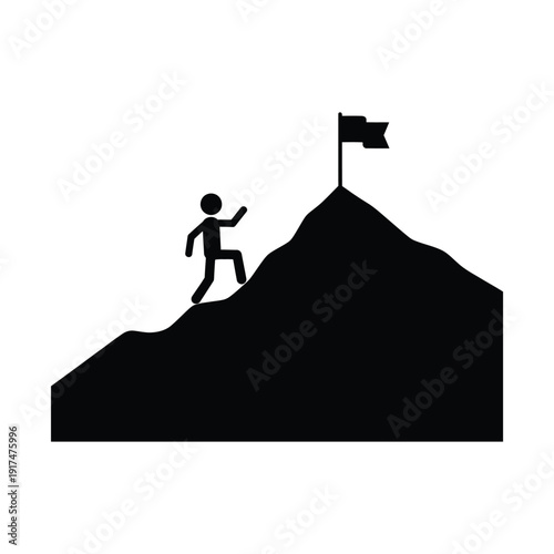 A person climbing a mountain with a flag on top symbolizing achievement and success
