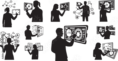 Silhouettes of people holding and discussing business strategy boards