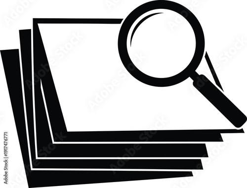 A pure black silhouette of a stack of documents or files, with a magnifying glass hovering prominently over the top document. This signifies research, audit, detailed review, or screening of paperwork