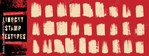 Wallpaper Mural Linocut stamp texture set. Rough ink roller rectangles with distressed grunge edges on red bg. Paint brush strokes collection. Torontodigital.ca