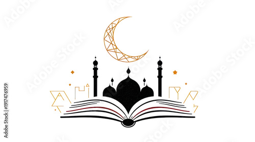 Islamic Holy Night Illustration with Golden Crescent Moon Mosque and Open Quran Book