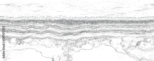 Abstract monochrome layered geological strata cross section with textured lines and dots gray white