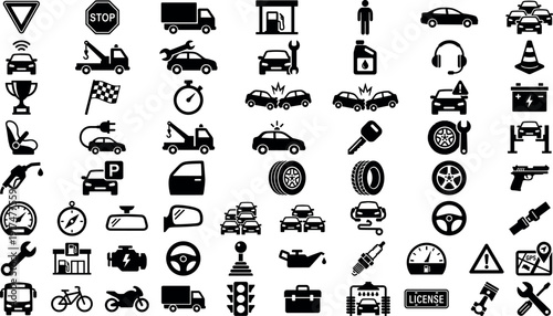 Comprehensive Automotive Icon Set Featuring Vehicle Maintenance Road Safety Traffic Signs Car Repair Tools Transportation Symbols And Driving Equipment For Mechanical Industry Graphic Design Projects