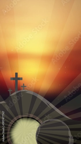 Vertical Christian Easter Background. Empty Tomb with Glowing Entrance and Distant Crosses for Resurrection Sunday Stories