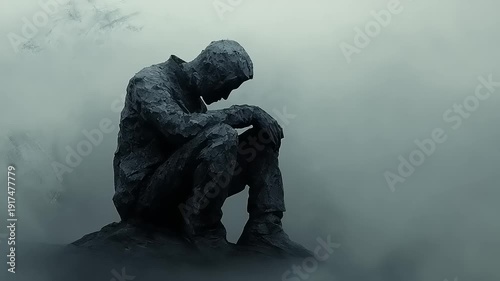 Melancholy Statue Depicting Sadness and Solitude in Foggy Atmosphere.