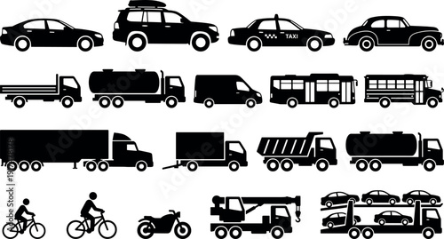 Large collection of transportation silhouettes including heavy trucks delivery vans taxi school bus and bicycles isolated on white background for logistics shipping and travel design